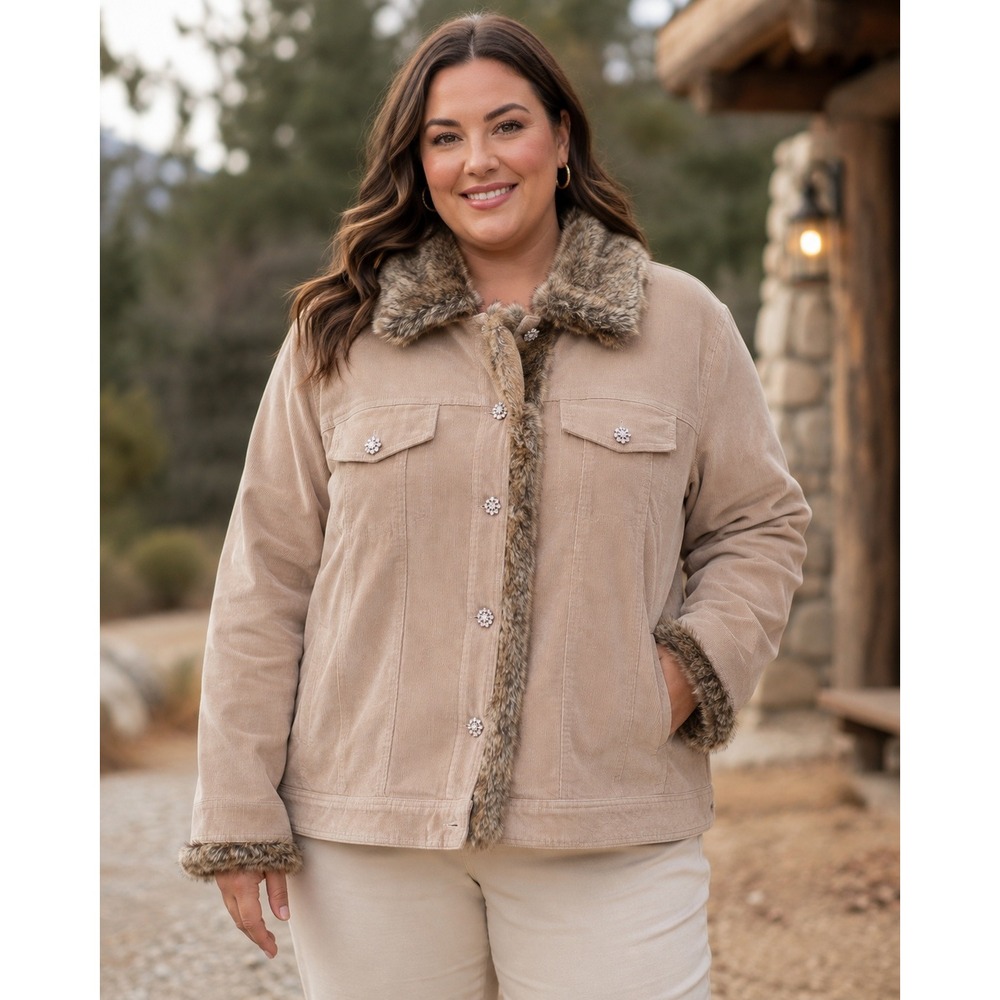 Y2K Western Glam Tan Corduroy Jacket Faux Fur Trim Rhinestone 18/20 Rustic Luxe